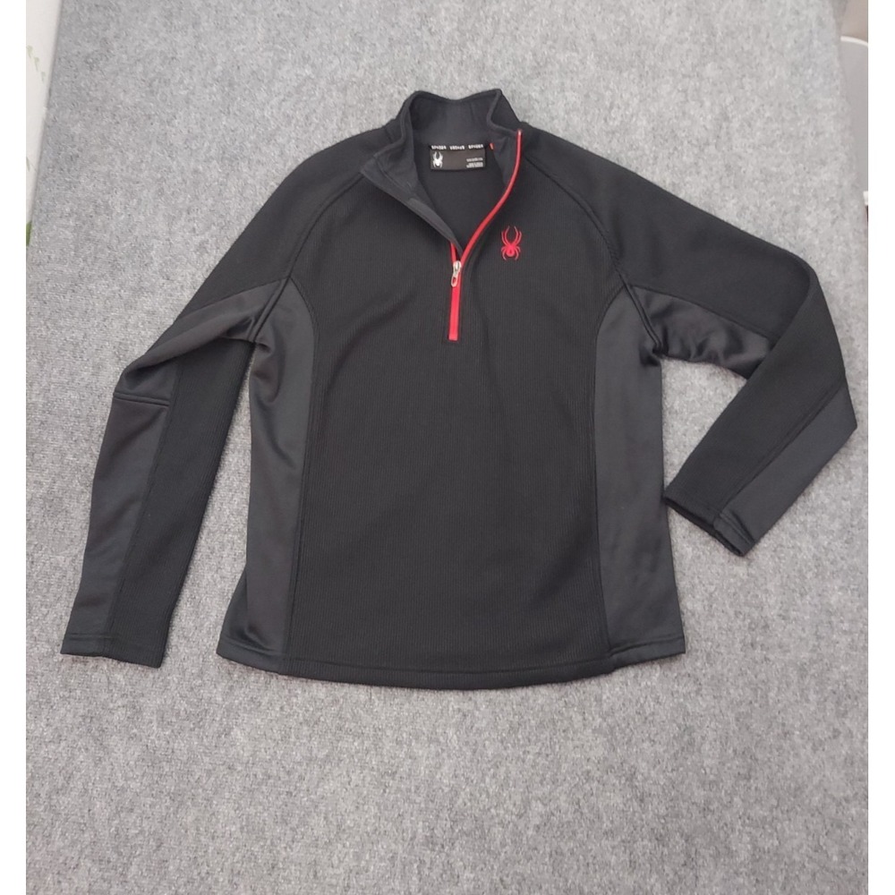 SPYDER Pullover Sweater Men Large Black Waffle Textured 1/4 Zip Red Logo Outdoor